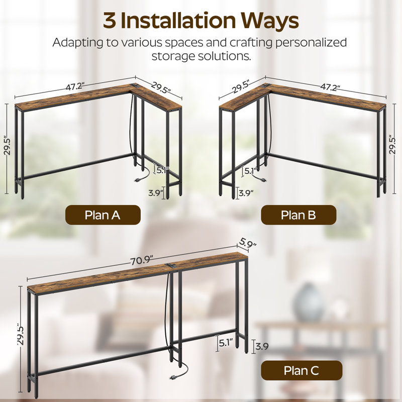 L Shaped Console Table 70.9" Long Narrow Sofa Table Foyer Table, 29.5" H x 70.9" W x 5.9" D, Brown