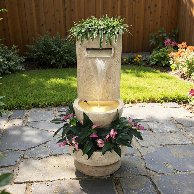 2.7-Ft Tall Polyresin Fountain with Planter, Lighted Outdoor Water Feature