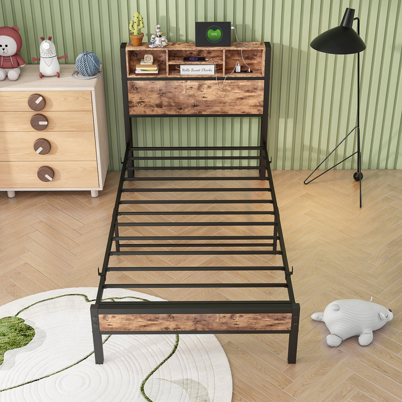 Bed Frame with Storage Headboard, Twin, Brown