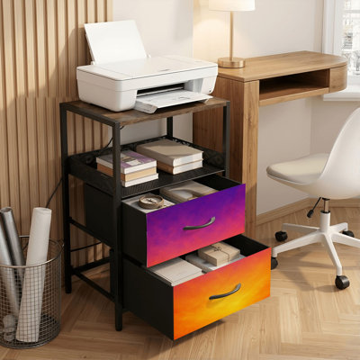 Table de chevet 2 tiroirs avec station de charge, table de chevet pour chambre avec ports USB et amp; Outlets, tablette ouverte noire, table de chevet avec dégradé d'automne grunge dégradé orange rouge jaune béton abstrait imprimé lin