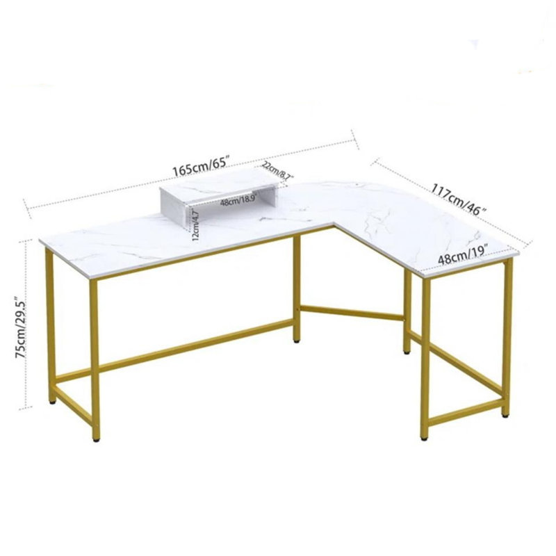 Bureau en forme de L réversible Angelpreet, H 29,5 po x l 65 po x P 46 po, Marbré blanc / or