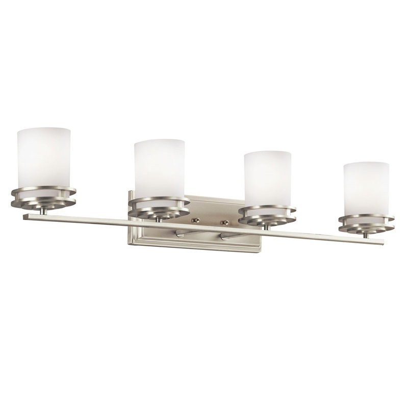 Brushed Nickel 4-Light Modern Bathroom Vanity with White Glass Shades