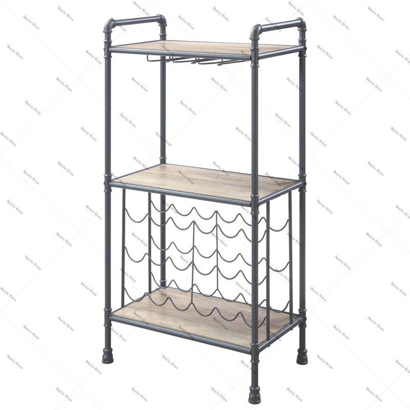 Support à vin en chêne antique et gris sable avec porte-verres à pied