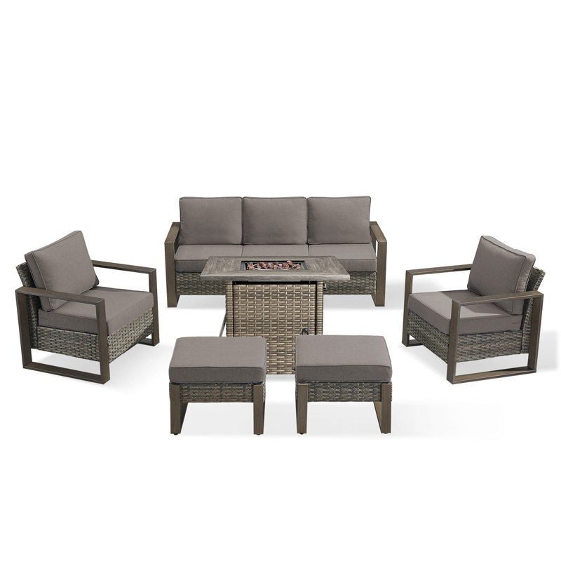 Palomares 6-Piece Outdoor Conversation Set With Square Fire Pit Table, 7-Person Wicker Patio Seating With Sofa, Armchairs And Ottomans