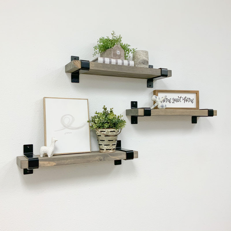 Roanoke 3 Piece Metal and Solid Wood Bracket Shelf, 6" H x 24" W x 6" D, Gray