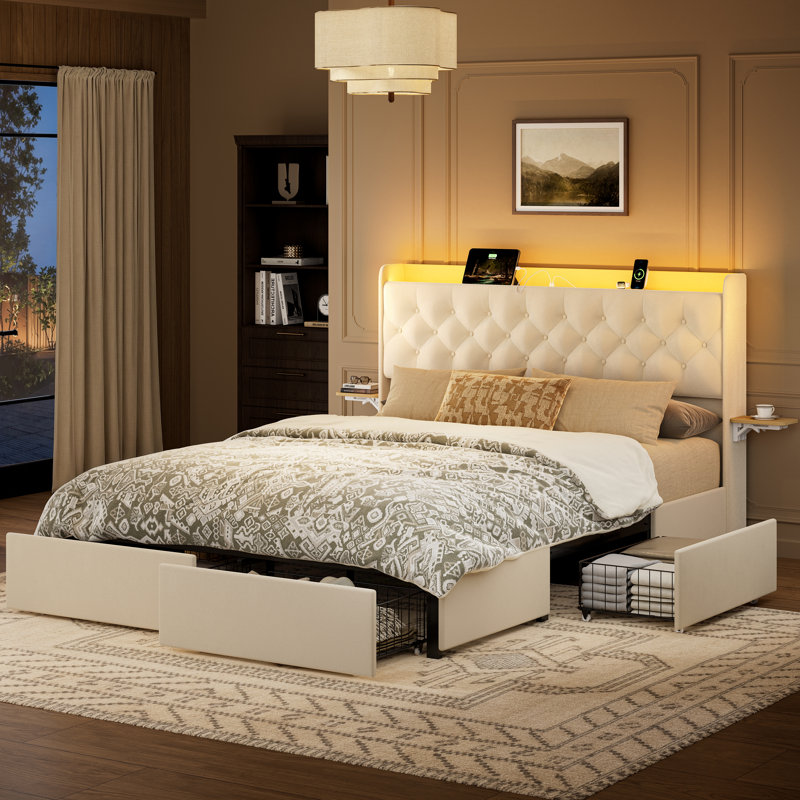 Lit plateforme tapissier Coba avec tiroirs de rangement et station de charge, Lit double, Beige