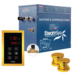Ensemble de générateur de bain à vapeur à démarrage rapide Steamspa Oasis Series 12 kW avec drain automatique intégré en or brillant