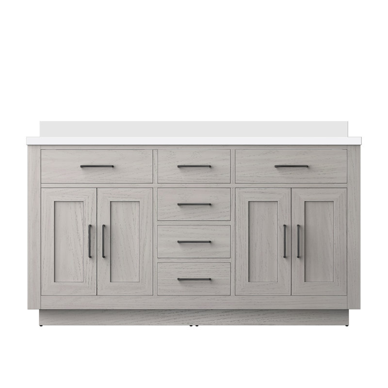 Ensemble de meuble-lavabo double 60 po, Chêne blanc, Marbre de culture blanc