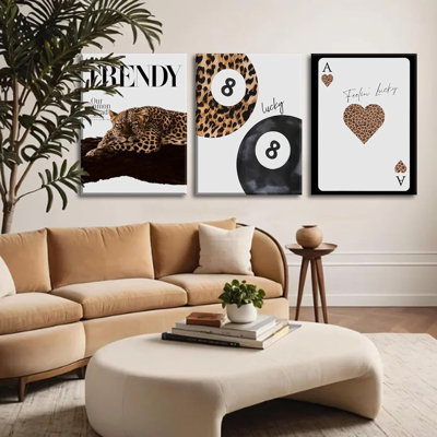 Ensemble de 3 impressions murales léopard noir sur toile Funky Lucky 8 balles d'affiches de style BCBG, guépard, décoration murale, pour les filles, chambre, appartement, dortoir, décoration de la maison, 12 x 16 po
