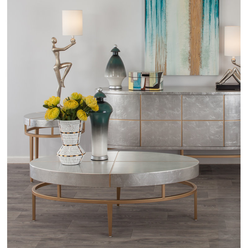 Oval Gold and Silver Metal Base Coffee Table
