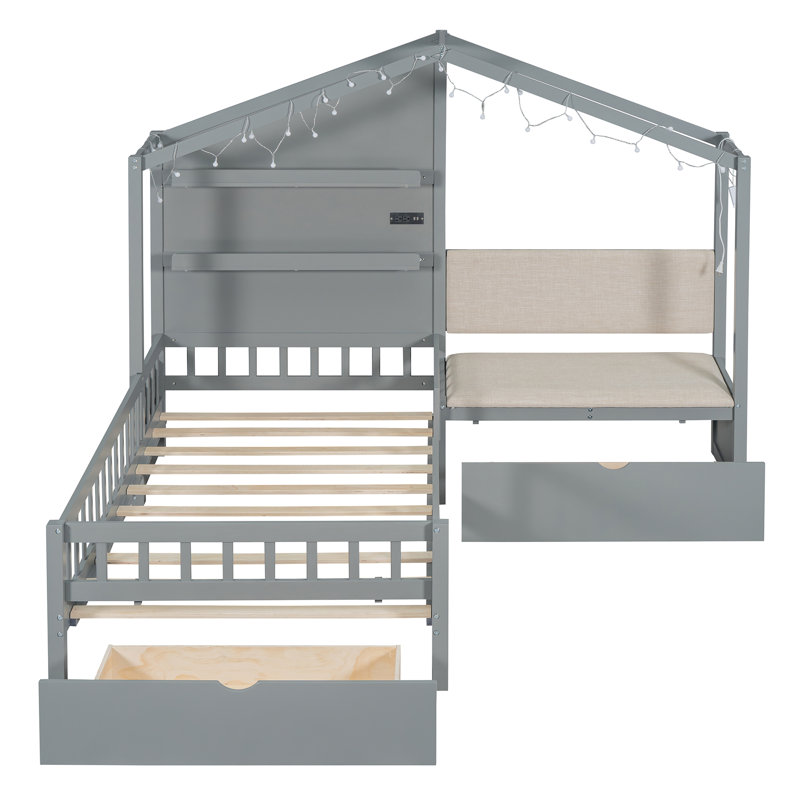 Solara House Bed Set With Upholstered Sofa, Charging Station, And Two Drawers, Gray