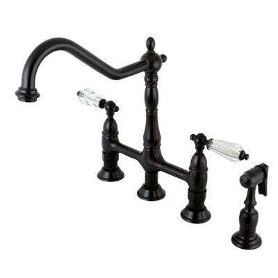 Robinet de cuisine à 4 poignées à fixation sur le comptoir à 4 trous avec douchette latérale Kingston Brass Wilshire