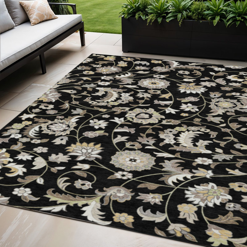 Tapis extérieur lavable floral beige et ivoire 5 pi x 8 pi noir