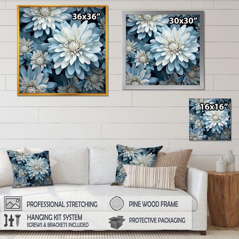 Reproduction d'art sur toile, "Pure White and Blue Chrysanthemums Beauty II - Chrysanthemums", Cadre simple argenté