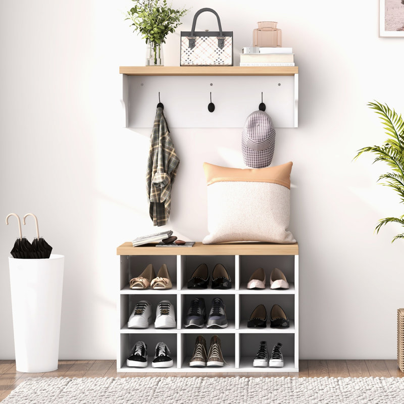 21 Shoe Bench And Coat Rack , 9 Pair Storage For Bedroom, Entryway, Hallway Organization, White, Space Shelf Design, Decorative Storage, Particle Board Build Hall Tree