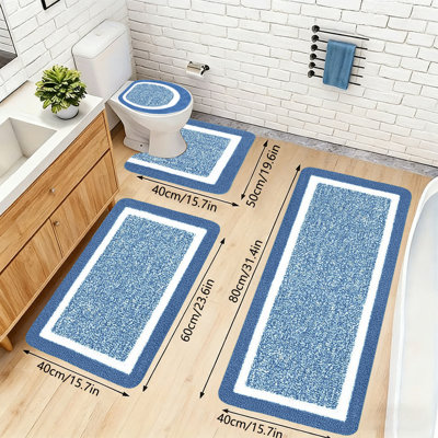 Ensemble de tapis de salle de bain bleu 4 pièces avec couvercle, tapis de toilette en U en microfibre absorbante antidérapante (double)