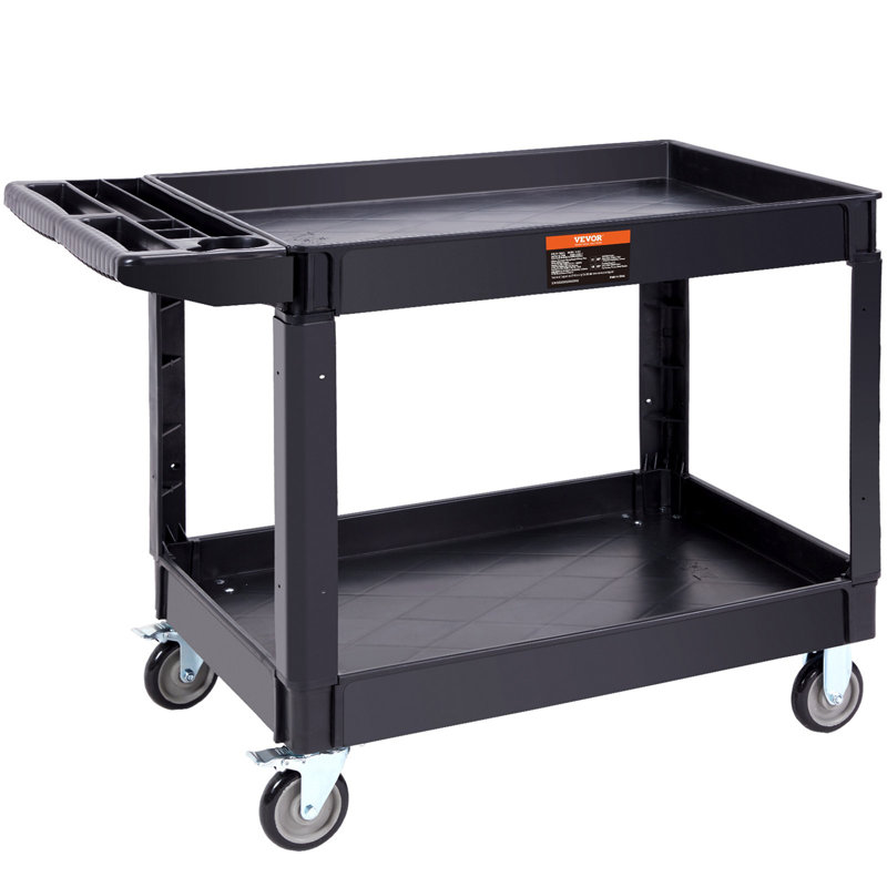 Chariot utilitaire, chariot utilitaire roulant en plastique robuste à 2 tablettes de 550 lb avec roues pivotantes à 360 ° (2 avec freins), grande tablette à lèvres, poignée de rangement ergonomique pour entrepôt / garage / nettoyage