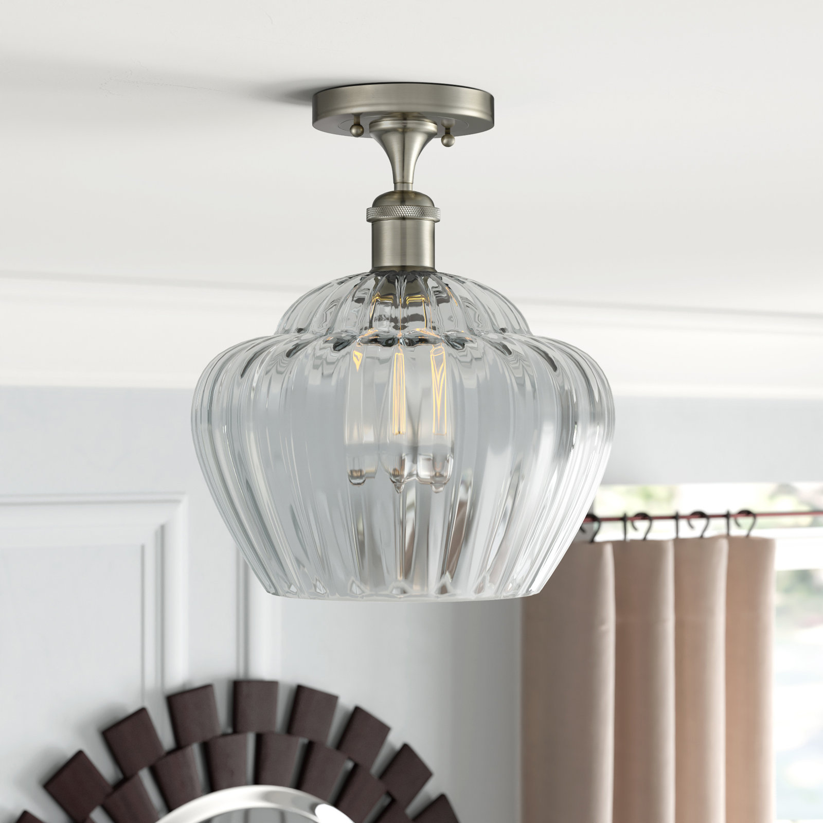 Renee Single Light Glass Semi Flush Mount, Clear, 6 Watt Vintage LED Bulb, White/Polished Chrome