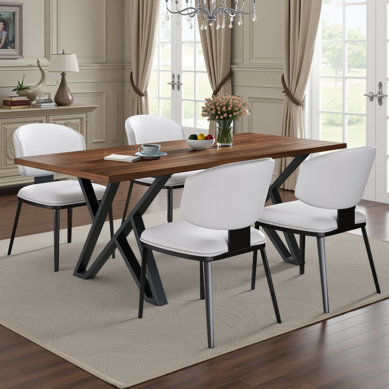 Ensemble de salle à manger moderne 5 pièces - Chaises en similicuir et table de base en métal (finition noyer), Beige