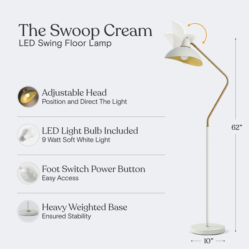 Swoop Cream 62 In. Contemporary Arched Led Floor Lamp With Unique Gold Interior Metal Shade