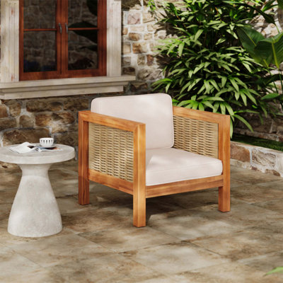 Fauteuil club d'extérieur en bois d'acacia durable avec accoudoirs en osier et coussins résistants aux rayons UV, capacité de 400 lb