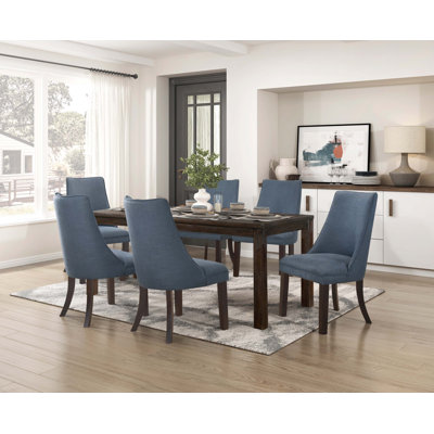 7pc Dining Set Dark Brown Finish Table and Blue Fabric Upholstered 6x Side Chairs Wooden Modern Dining Kitchen Furniture