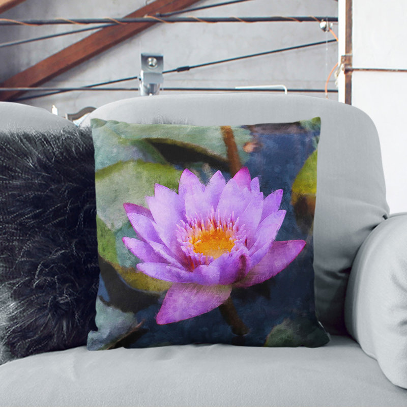 Purple Water Lily Flower Painting Square Throw Cushion, 40cm H x 40cm W x 15cm D