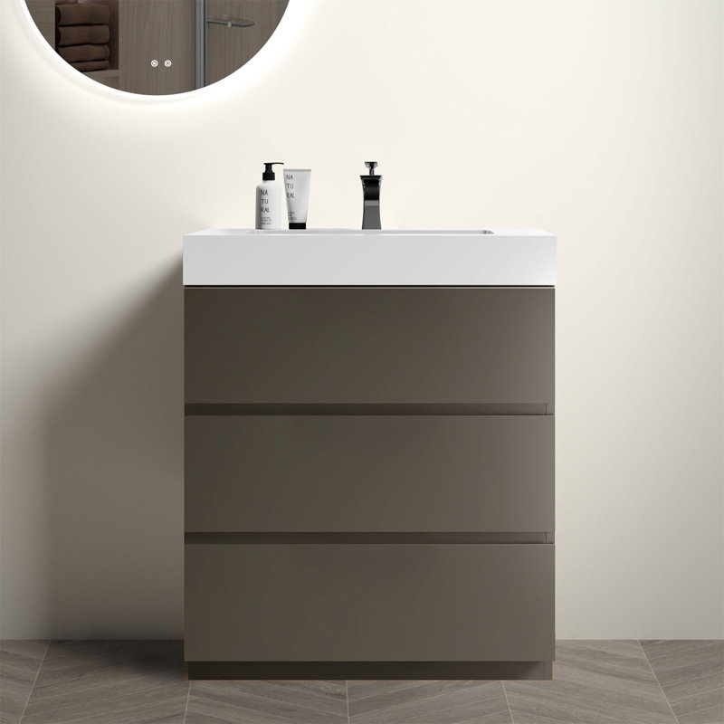 Meuble-lavabo autoportant de 30 po avec évier, grand meuble-lavabo autoportant pour salle de bain moderne, lavabo une pièce sans drain ni robinet