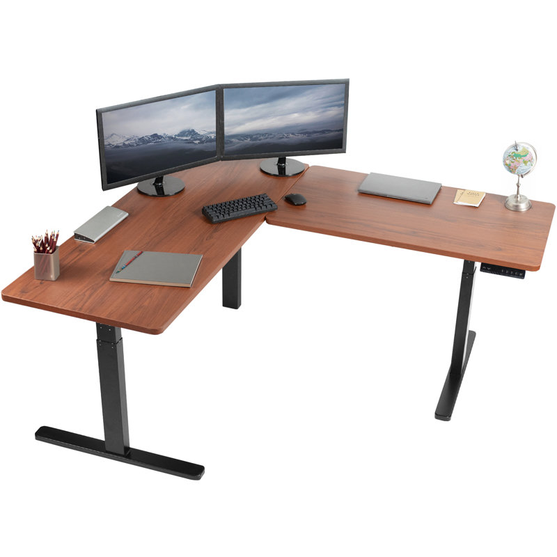 67in Dark Walnut and Black L-Shaped Adjustable Height Desk