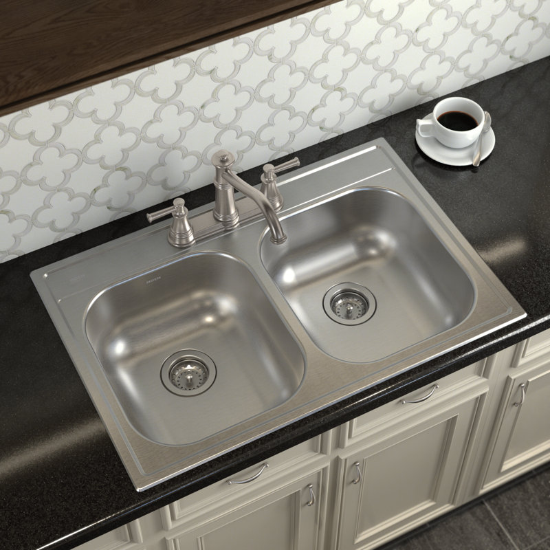 Robinet de cuisine à poignée double Belfield, Acier inoxydable résistant aux taches, Avec jet