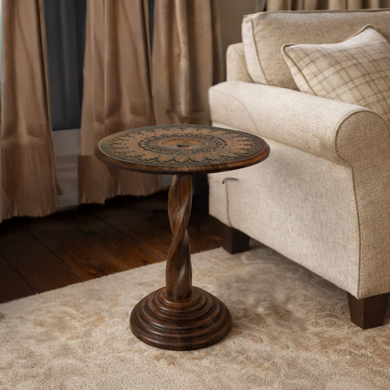 Jem 22 Inch Side End Table, Round Top, Hand Carved Boho Mandala Design With Twisted Base, Brown Mango Wood