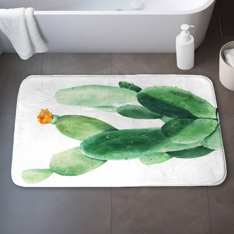 Watercolor paddle cactus with flower Bath Mat with Non-Slip Backing - Quick Dry Memory Foam Bathroom Rug - Absorbent - Modern Plush Spa-Style - Machine Washable