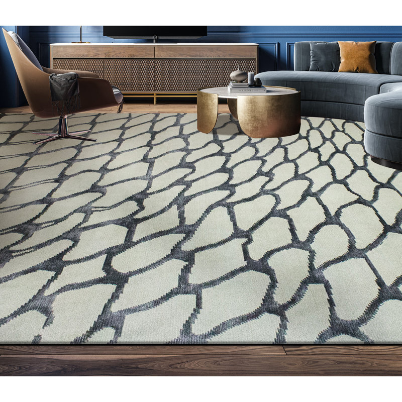 Tapis ivoire et acier noué à la main de haute qualité, Rectangle 9 pi x 12 pi