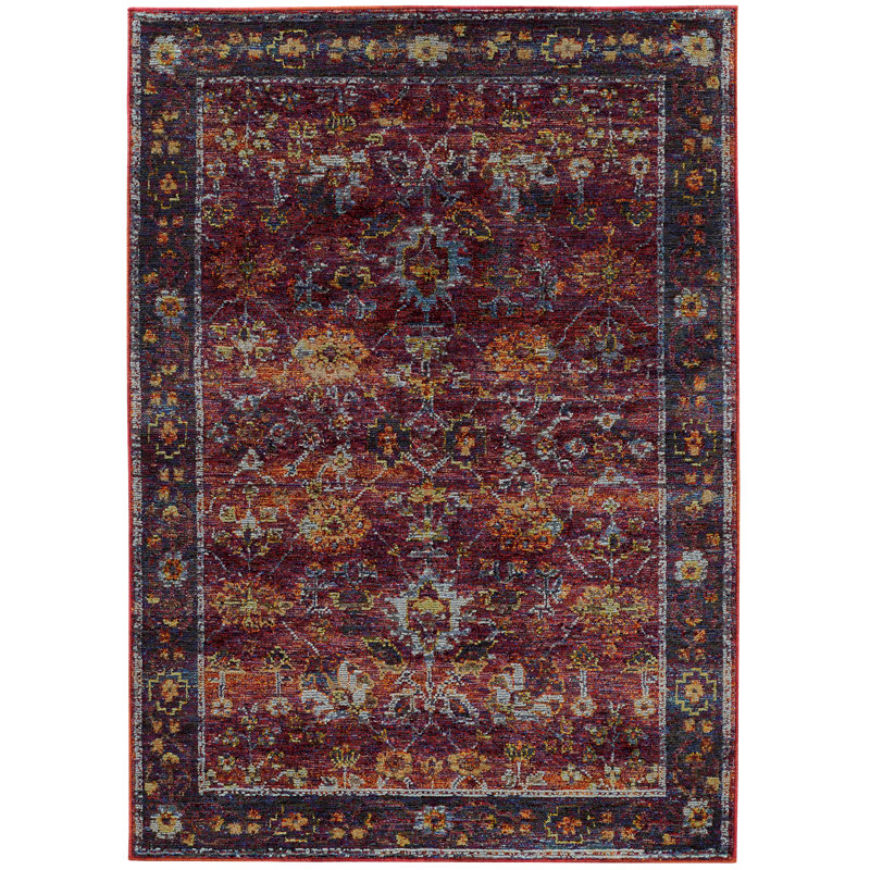 Tapis rouge / mauve d'inspiration perse Tuma, Rectangle 6 pi 7 po x 9 pi 6 po