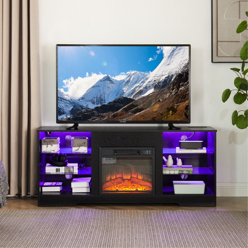 Tv Stand With Electric Fireplace And Power Strip, Black, For 32 - 62" Tvs, 58''W*15.5''D*24.4''H Modern Console Storage, 58''W*15.5''D*24.4''H, For Screens