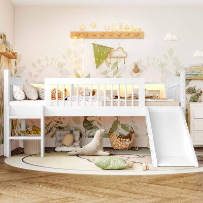 Loft Bed With Storage Shelves, Lower Loft Bed With LED Lights And Full-Length Guardrails, No Box Spring Needed