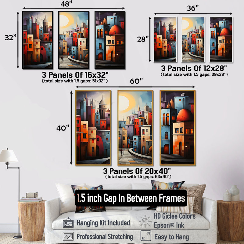 «Cubist Urbanism Horizon II», ensemble d'art sur toile, Cadre flottant doré, H 32 po x l 48 po x P 1 po