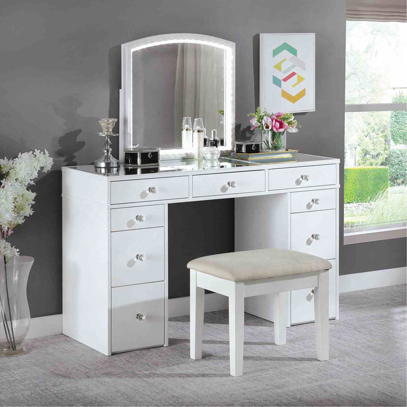 Contemporary Style 1Pc Vanity Set  Mirror LED Lights Storage Drawers Wooden Glides Stool Included Bedroom Furniture