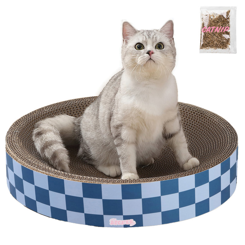 Nelson 20.13" Modern Cardboard Round Bowl Cat Scratcher with Catnip, Navy/Blue