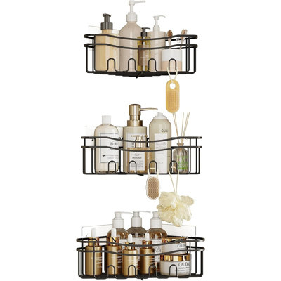 Black Corner Shower Caddy - Black - Wall-Mounted, Rustproof With Deep Caddy And 12 Built-In Hooks, No-Drill, No-Marring Adhesive, Bathroom, Kitchen & Laundry Corner Storage