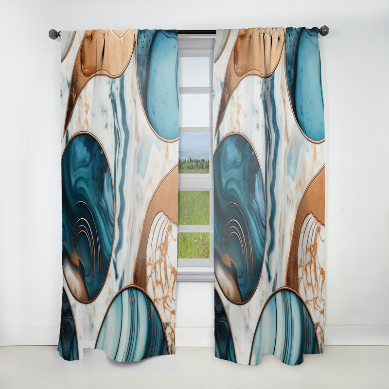 Gian - Blue Gold Half Circle Marble Abstract II - Abstract Marble Curtain - Velvet Room Darkening - 1 panel, 52" W x 108" L