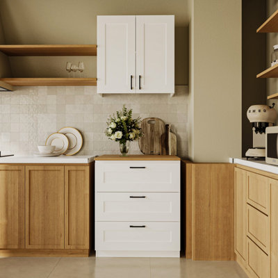 White Pantry Cabinet With DIY Countertop Option, 3 Drawers And Double Door Storage
