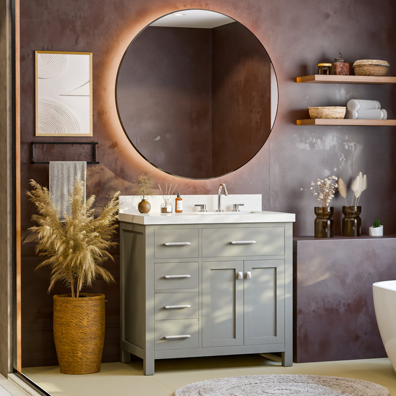 Meuble-lavabo simple 36 po avec quartz blanc Dazzle Caroline Parkway, Right Offset, Gray