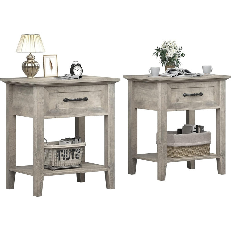 2Pcs End Table With Drawer, 2 Tiers, Gray, Gray