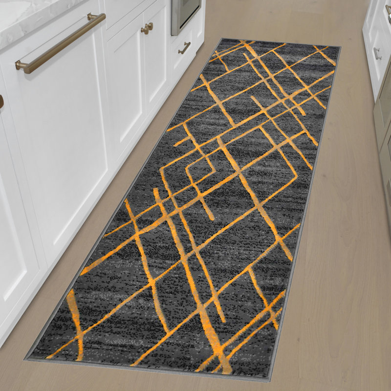 Tapis contemporain abstrait à motif géométrique jaune et gris Dillmore, Tapis de couloir 2 pi x 7 pi 2 po