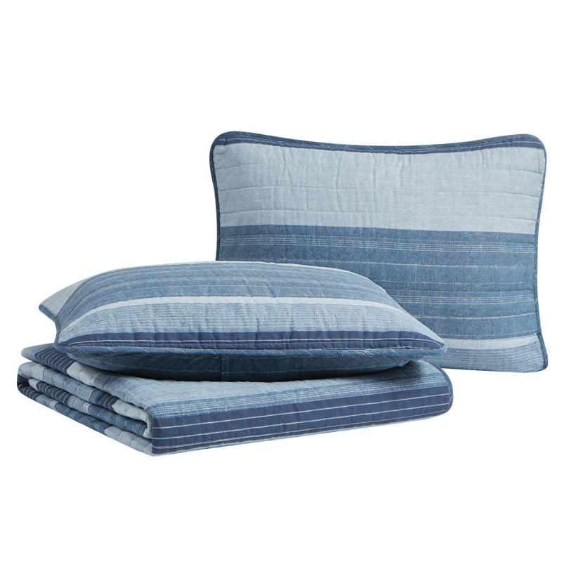 Coastal Navy Blue King Cotton Quilt Set with Reversible Design