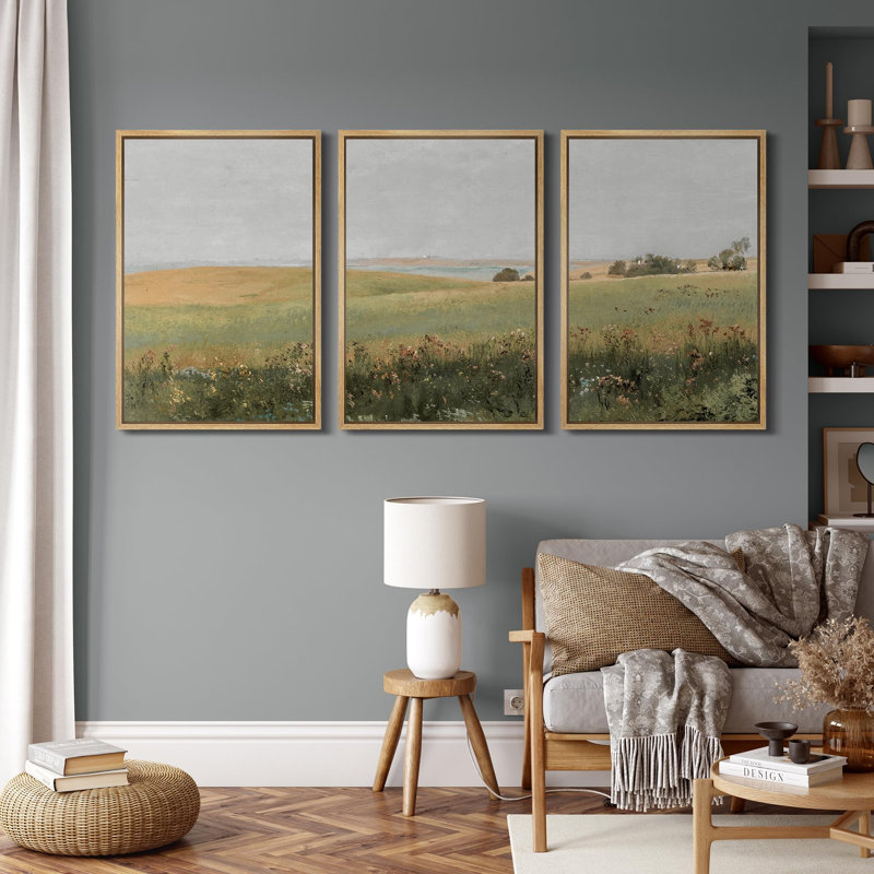 «Tranquil Meadow, scène pastorale chaleureuse, palette de couleurs discrètes, décor de nature sauvage», 3 pièces