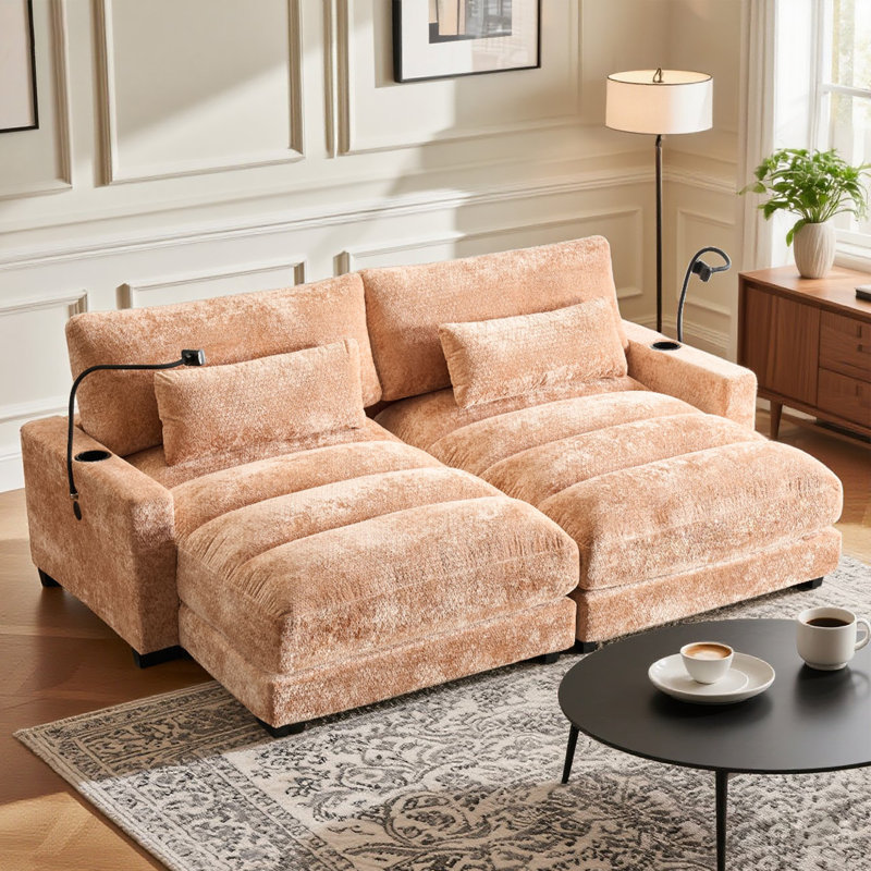 Canapé double 90 po surdimensionné en chenille capitonnée, porte-gobelets, ports USB et canapé-lit, Beige
