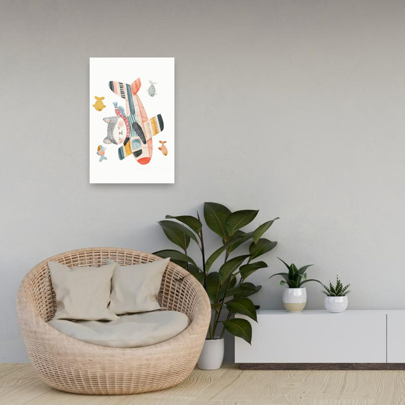 Whimsical Cat Pilot Colorful Playful Whimsical Cat Fish Wall Art Print by Mathieu - Wrapped Canvas Print