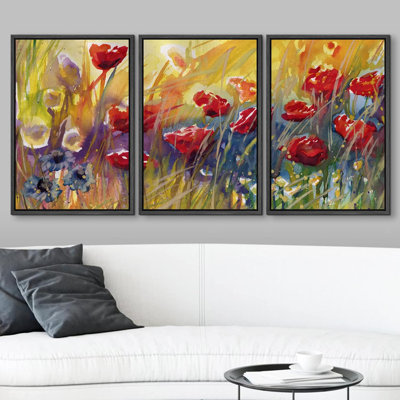 «Red Poppy Flowers In The Field Modern Abstract Landscape Multicolor Home Decor on Canvas», reproduction de 3 pièces